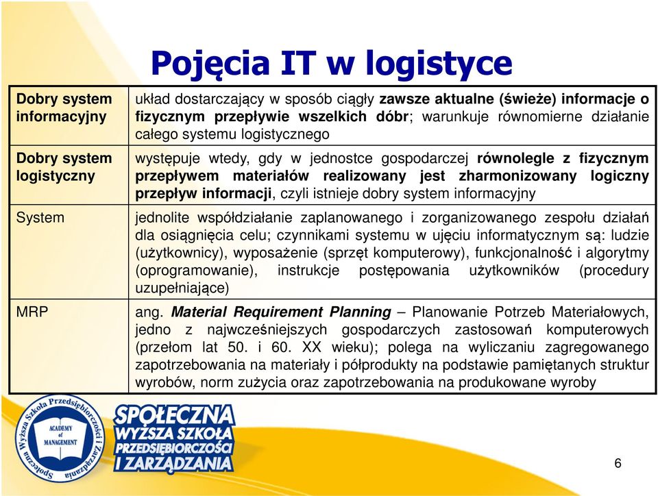 przepływ informacji, czyli istnieje dobry system informacyjny jednolite współdziałanie zaplanowanego i zorganizowanego zespołu działań dla osiągnięcia celu; czynnikami systemu w ujęciu informatycznym