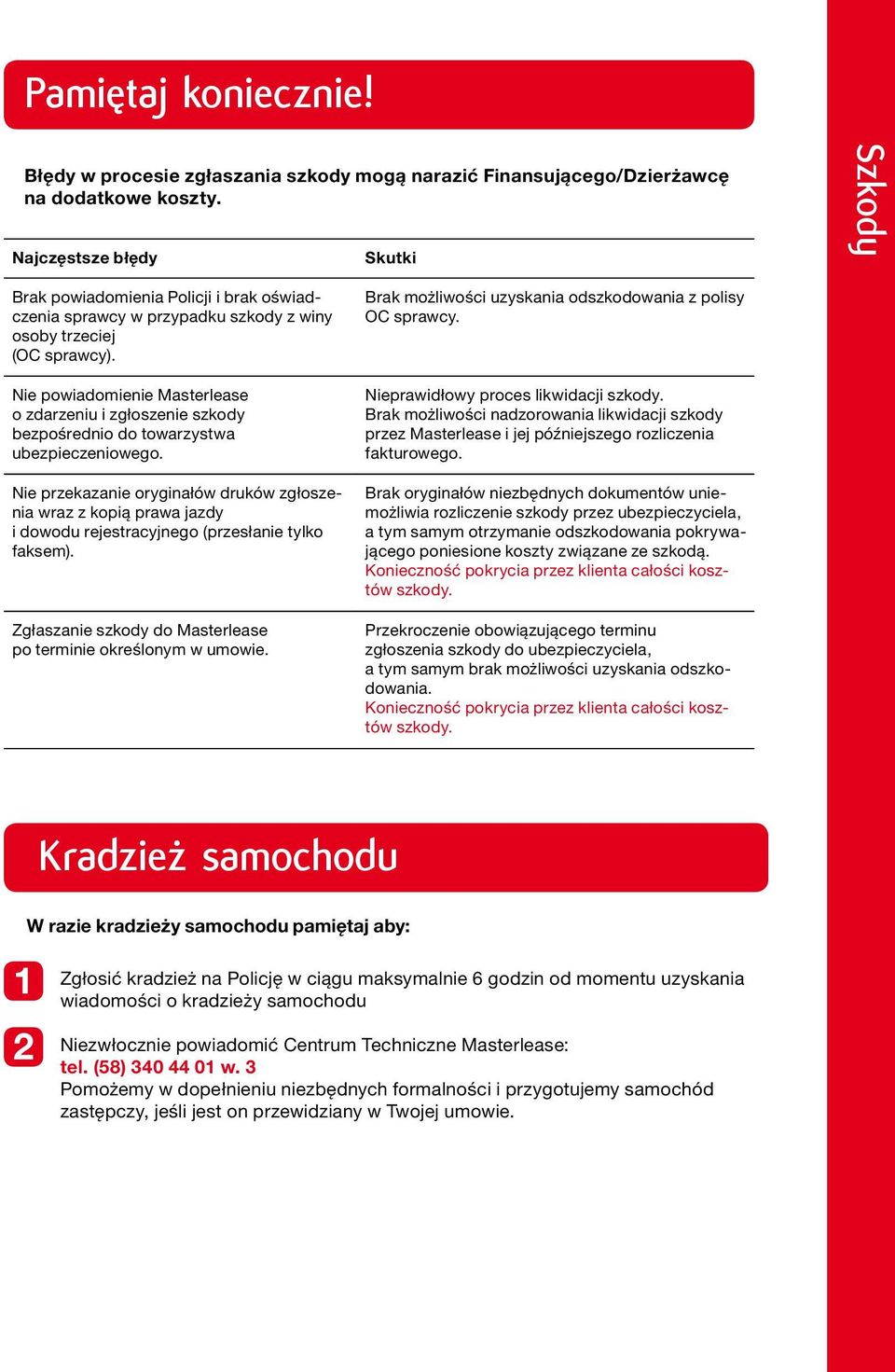 Nie powiadomienie Masterlease o zdarzeniu i zgłoszenie szkody bezpośrednio do towarzystwa ubezpieczeniowego.