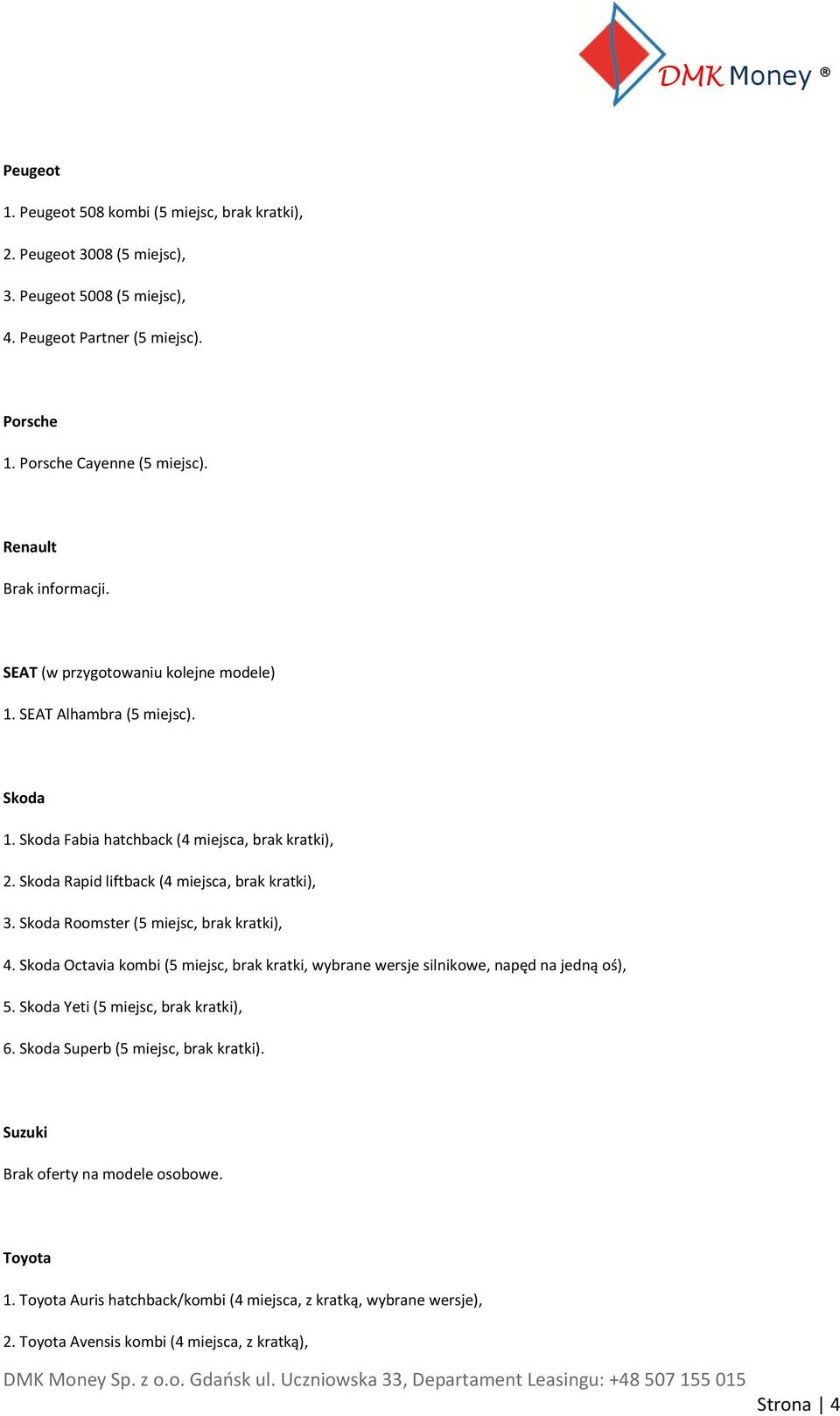 Skoda Rapid liftback (4 miejsca, brak kratki), 3. Skoda Roomster (5 miejsc, brak kratki), 4.