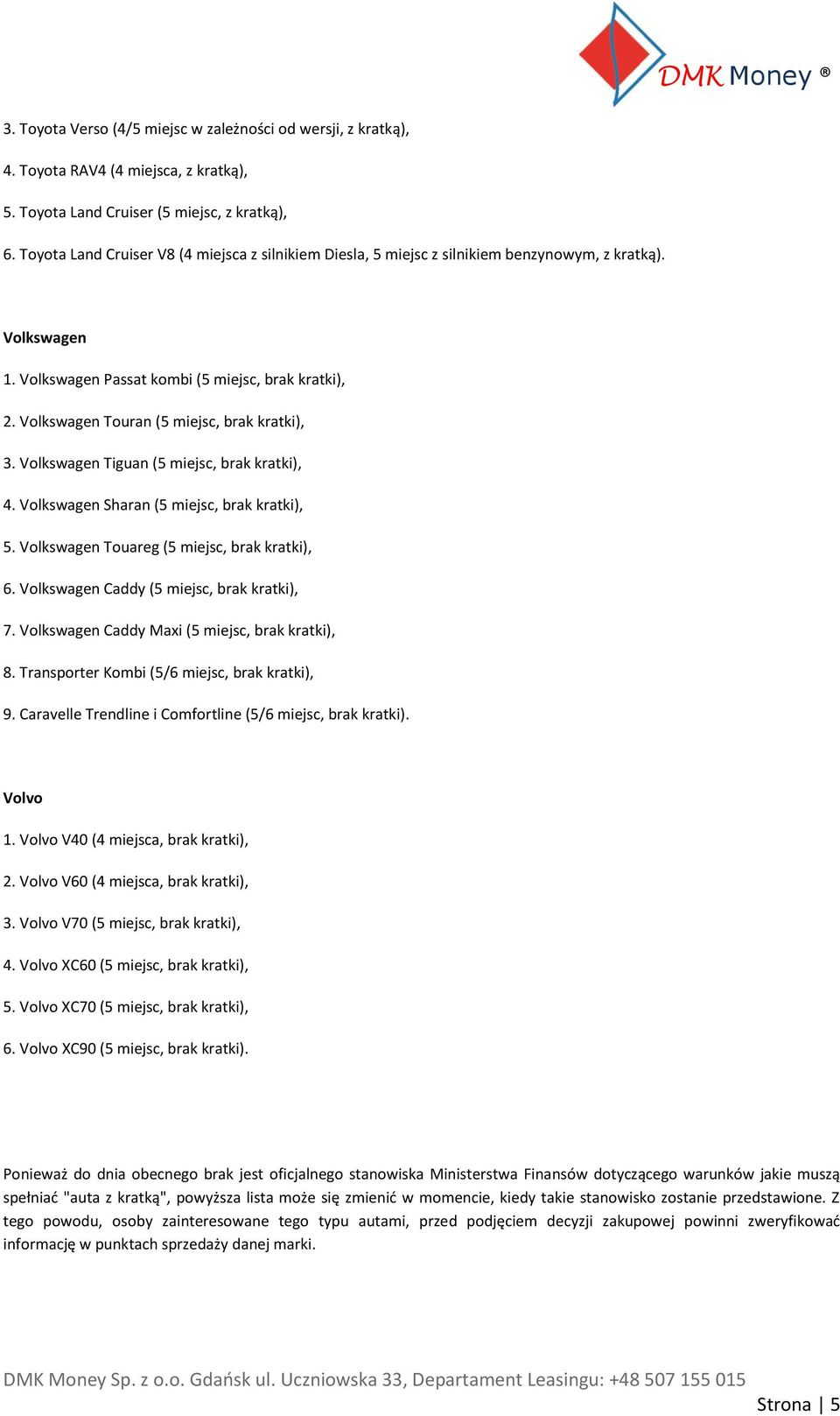 Volkswagen Touran (5 miejsc, brak kratki), 3. Volkswagen Tiguan (5 miejsc, brak kratki), 4. Volkswagen Sharan (5 miejsc, brak kratki), 5. Volkswagen Touareg (5 miejsc, brak kratki), 6.