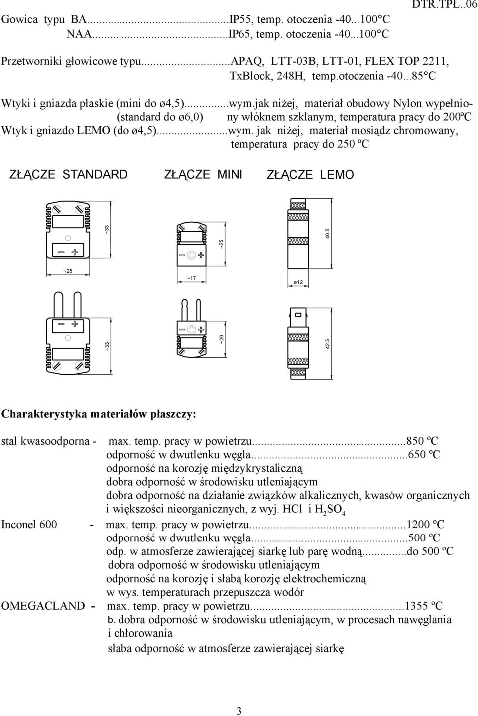 jak niżej, materiał obudowy Nylon wypełnio- (standard do ø6,0) ny włóknem szklanym, temperatura pracy do 200ºC Wtyk i gniazdo LEMO (do ø4,5)...wym.