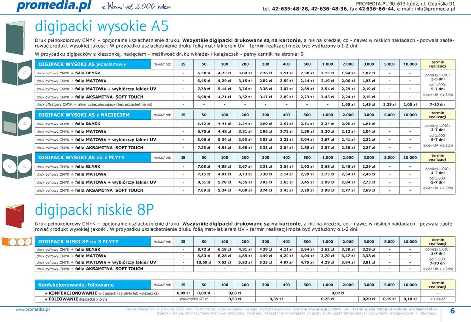 W przypadku uszlachetnienie druku folią mat+lakierem UV może być wydłużony o 12 dni.