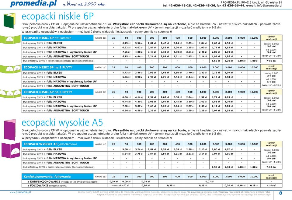 W przypadku uszlachetnienie druku folią mat+lakierem UV może być wydłużony o 12 dni.