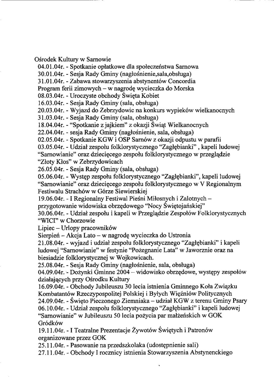 04.04r. - "Spotkanie z jajkiem" z okazji Swiat Wielkanocnych 22.04.04r. - sesja Rady Gminy (naglosnienie, sala, obshiga) 02.05.04r. - Spotkanie KGW i OSP Sarnow z okazji odpustu w parafii 03.05.04r. - Udziat zespohi folklorystycznego "Zaglebianki", kapeli ludowej "Sarnowianie" oraz dzieci^cego zespohi folklorystycznego w przegladzie "Zloty Kfos" w Zebrzydowicach 26.