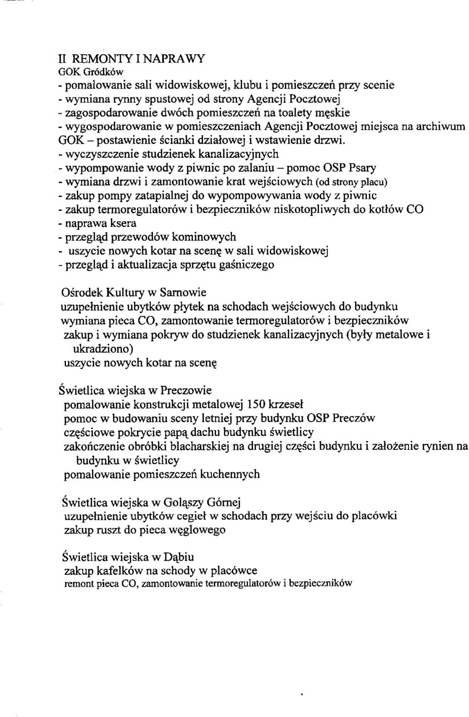 - wyczyszczenie studzienek kanalizacyjnych - wypompowanie wody z piwnic po zalaniu - pomoc OSP Psary - wymiana drzwi i zamontowanie krat wejsciowych (od strony placu) - zakup pompy zatapialnej do