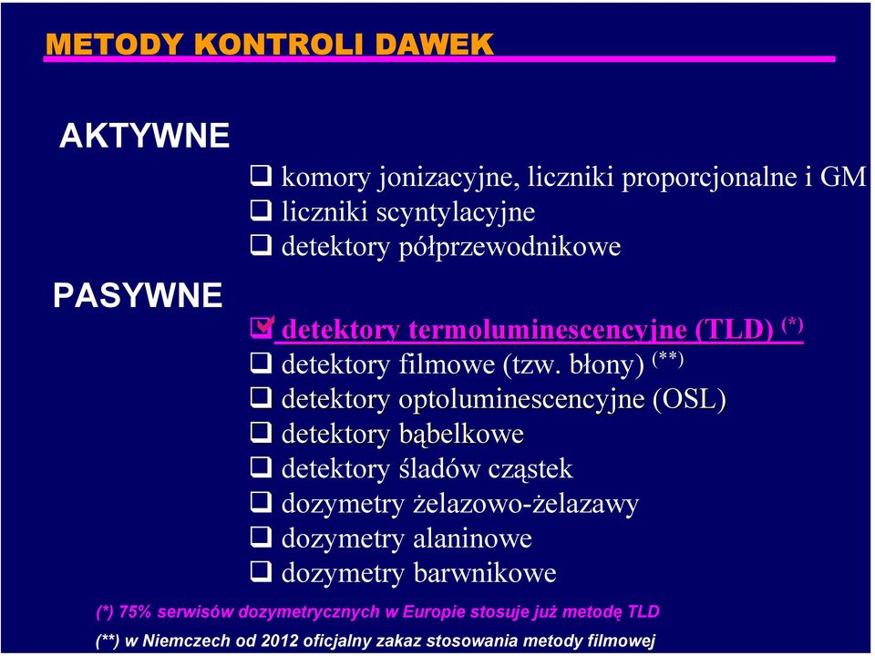 błony) (**) detektory optoluminescencyjne (OSL) detektory bąbelkoweb belkowe detektory śladów cząstek dozymetry