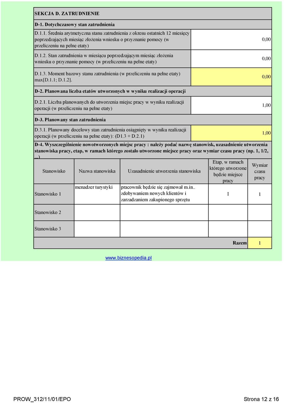 Moment bazowy stanu zatrudnienia (w przeliczeniu na pełne etaty) ma[d.1.1; D.1.2]. D-2. Planowana liczba etatów utworzonych w wyniku realizacji operacji D.2.1. Liczba planowanych do utworzenia miejsc pracy w wyniku realizacji operacji (w przeliczeniu na pełne etaty) 1,00 D-3.