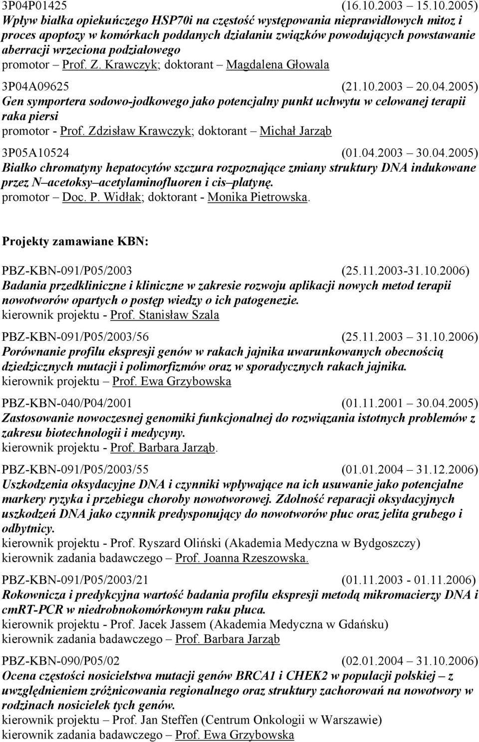 2005) Wpływ białka opiekuńczego HSP70i na częstość występowania nieprawidłowych mitoz i proces apoptozy w komórkach poddanych działaniu związków powodujących powstawanie aberracji wrzeciona