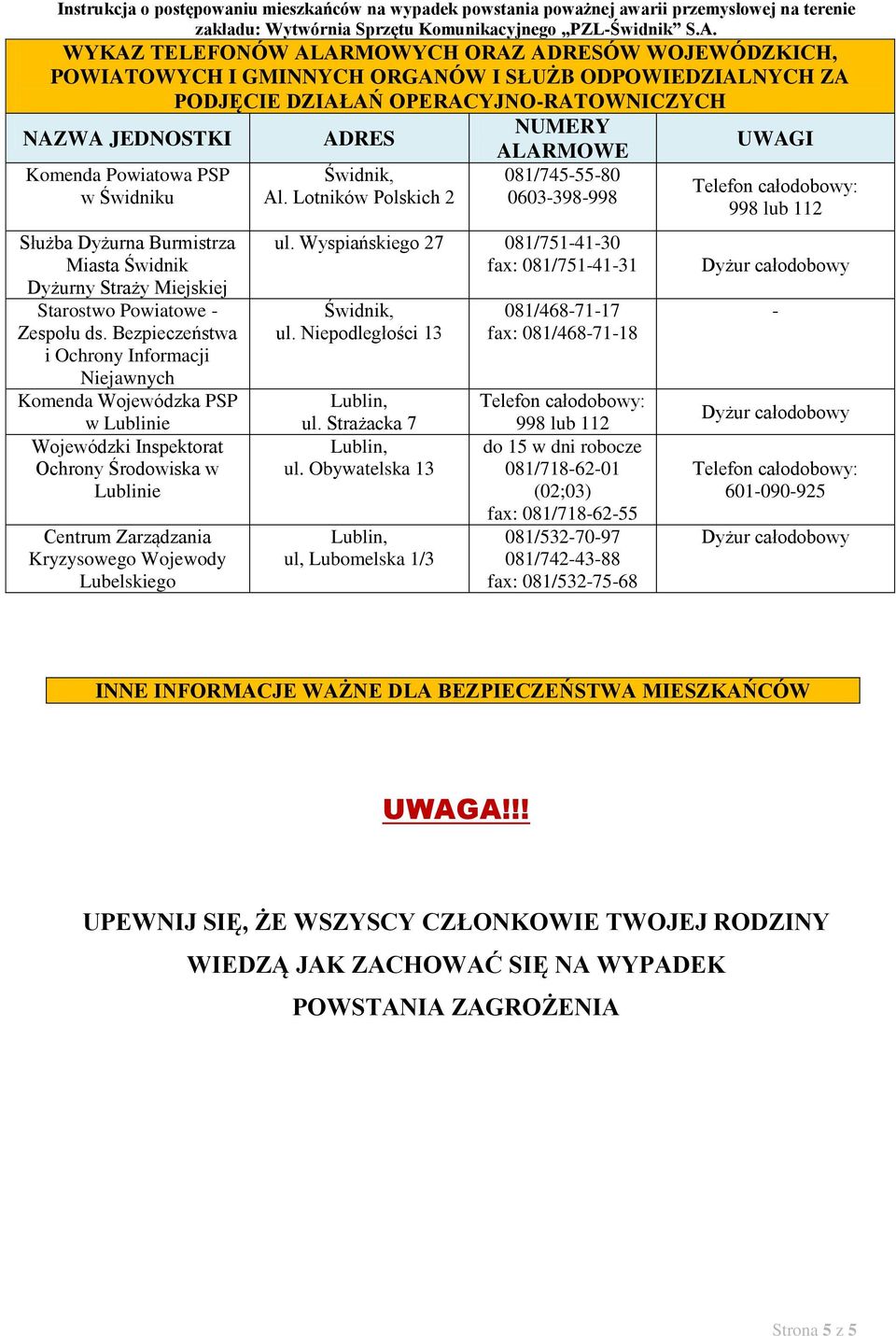 Bezpieczeństwa i Ochrony Informacji Niejawnych Komenda Wojewódzka PSP w Lublinie Wojewódzki Inspektorat Ochrony Środowiska w Lublinie Centrum Zarządzania Kryzysowego Wojewody Lubelskiego ADRES