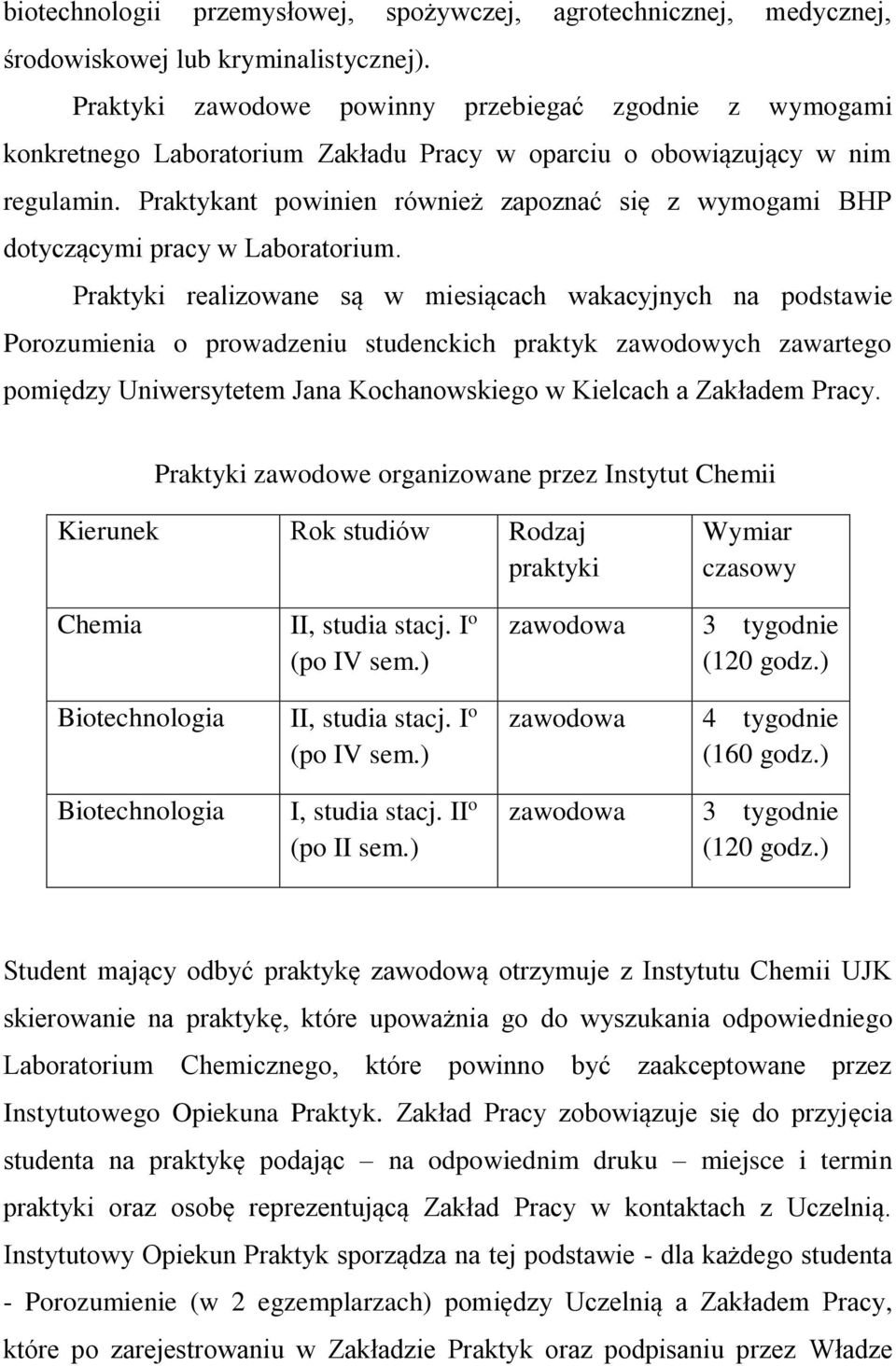 Praktykant powinien również zapoznać się z wymogami BHP dotyczącymi pracy w Laboratorium.