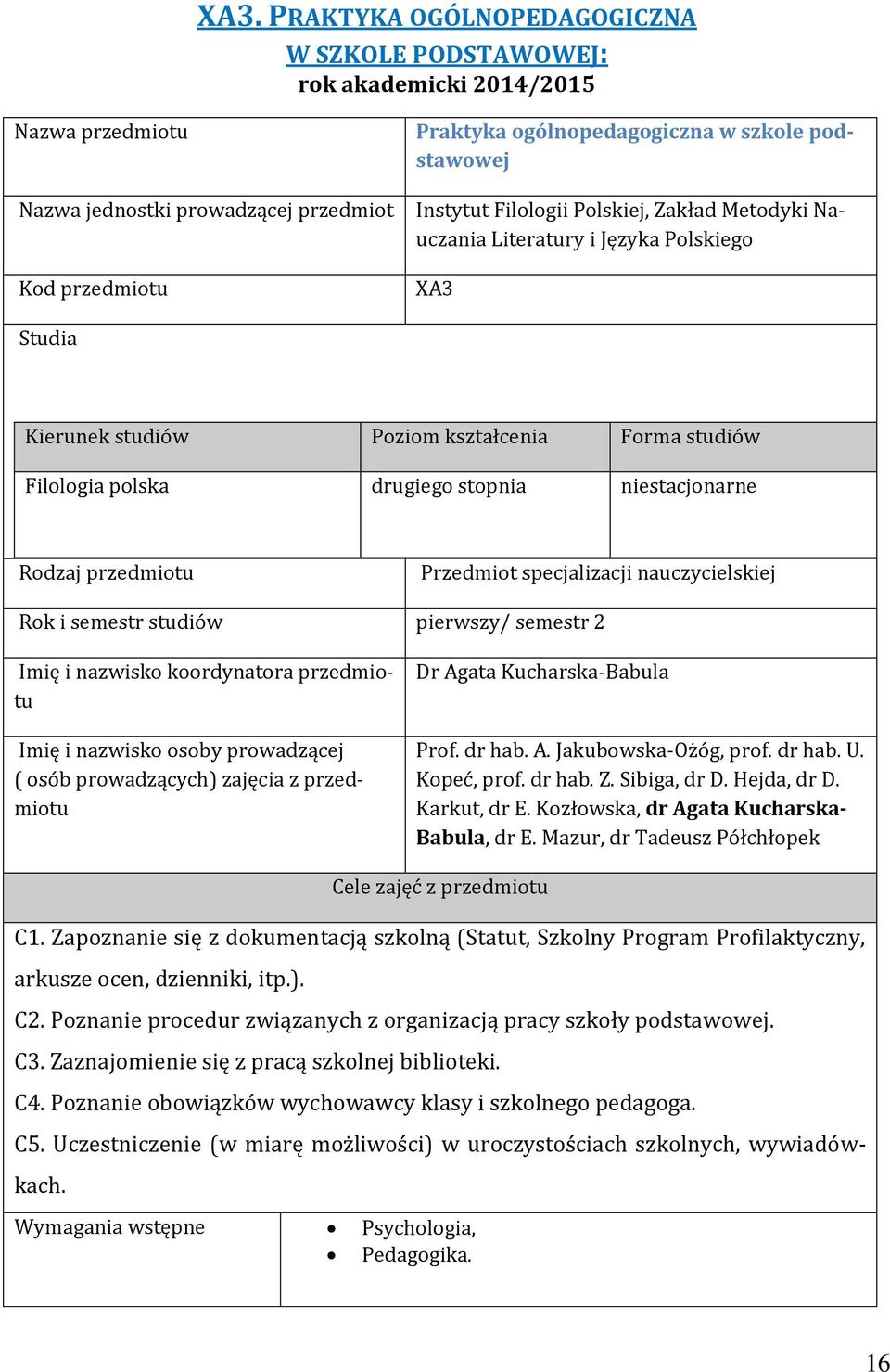 Rodzaj przedmiotu Przedmiot specjalizacji nauczycielskiej Rok i semestr studiów pierwszy/ semestr 2 Imię i nazwisko koordynatora przedmiotu Imię i nazwisko osoby prowadzącej ( osób prowadzących)