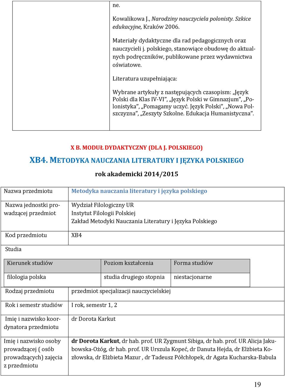 Literatura uzupełniająca: Wybrane artykuły z następujących czasopism: Język Polski dla Klas IV-VI, Język Polski w Gimnazjum, Polonistyka, Pomagamy uczyć.
