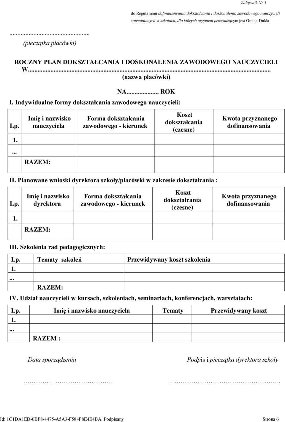 Imię i nazwisko nauczyciela Forma dokształcania zawodowego - kierunek Koszt dokształcania (czesne) Kwota przyznanego dofinansowania... RAZEM: II.