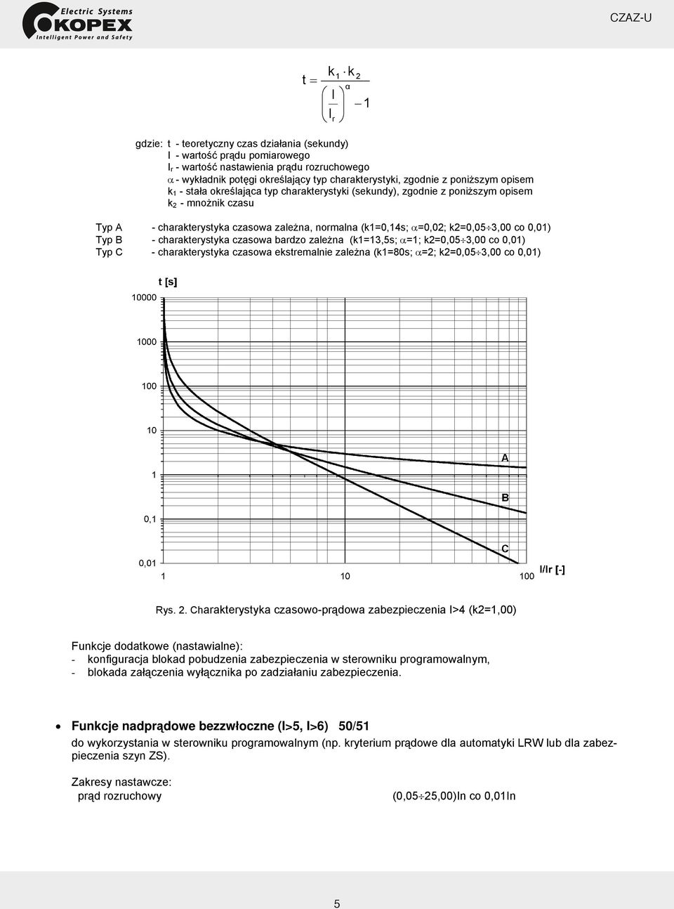 k2=0,05 3,00 co 0,01) Typ B - charakterystyka czasowa bardzo zależna (k1=13,5s; α=1; k2=0,05 3,00 co 0,01) Typ C - charakterystyka czasowa ekstremalnie zależna (k1=80s; α=2; k2=0,05 3,00 co 0,01) Rys.