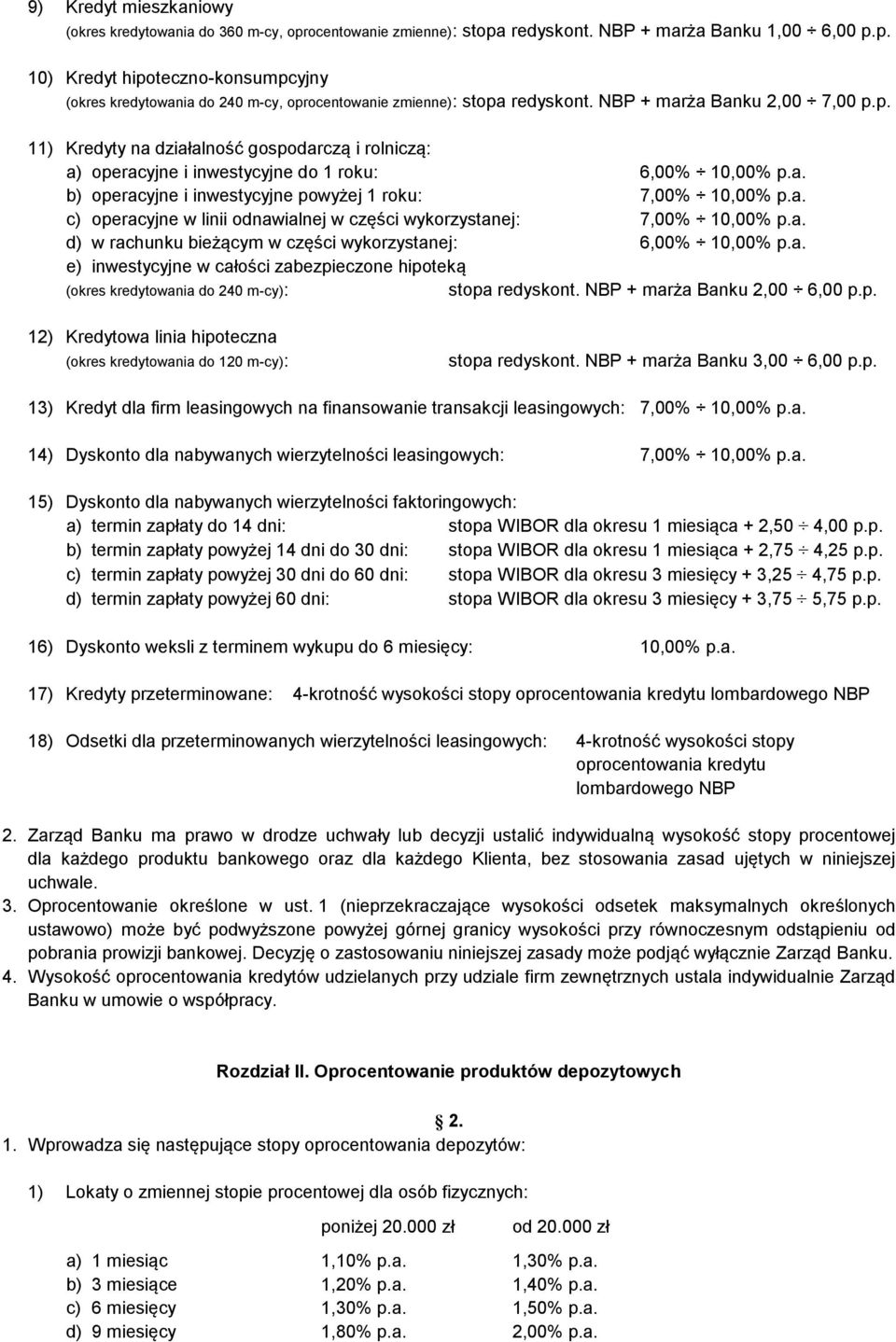 a. c) operacyjne w linii odnawialnej w części wykorzystanej: 7,00% 10,00% p.a. d) w rachunku bieżącym w części wykorzystanej: 6,00% 10,00% p.a. e) inwestycyjne w całości zabezpieczone hipoteką (okres kredytowania do 240 m-cy): stopa redyskont.