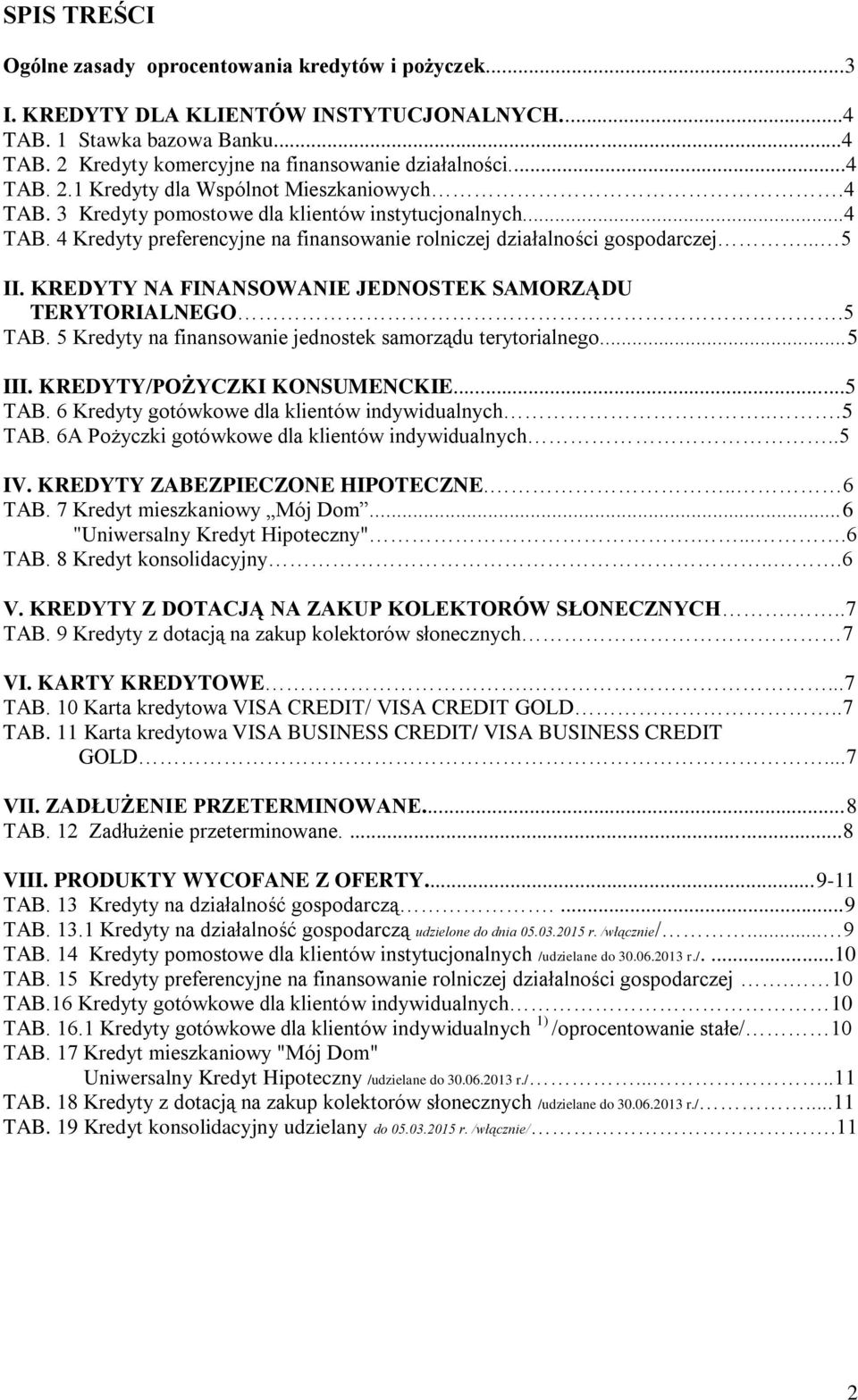 KREDYTY NA FINANSOWANIE JEDNOSTEK SAMORZĄDU TERYTORIALNEGO.5 TAB. 5 Kredyty na finansowanie jednostek samorządu terytorialnego...5 III. KREDYTY/POŻYCZKI KONSUMENCKIE...5 TAB. 6 Kredyty gotówkowe dla klientów indywidualnych.