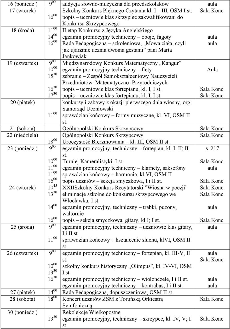 Jankowiak Międzynarodowy Konkurs Matematyczny Kangur egzamin promocyjny techniczny flety zebranie Zespół Samokształceniowy Nauczycieli Przedmiotów Matematyczno- Przyrodniczych popis uczniowie klas