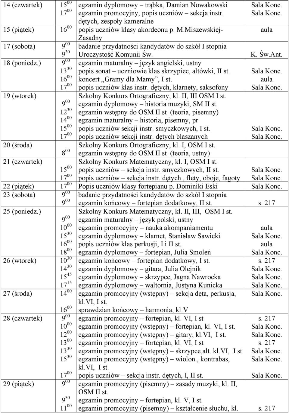 uczniowie klas skrzypiec, altówki, II st koncert Gramy dla Mamy, I st popis uczniów klas instr dętych, klarnety, saksofony Szkolny Konkurs Ortograficzny, kl II, III OSM I st egzamin dyplomowy