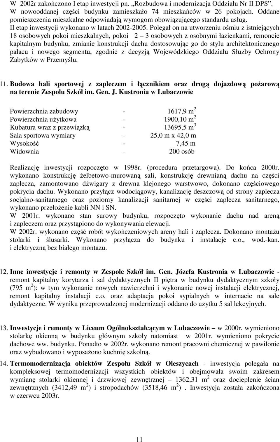 Polegał on na utworzeniu ośmiu z istniejących 18 osobowych pokoi mieszkalnych, pokoi 2 3 osobowych z osobnymi łazienkami, remoncie kapitalnym budynku, zmianie konstrukcji dachu dostosowując go do