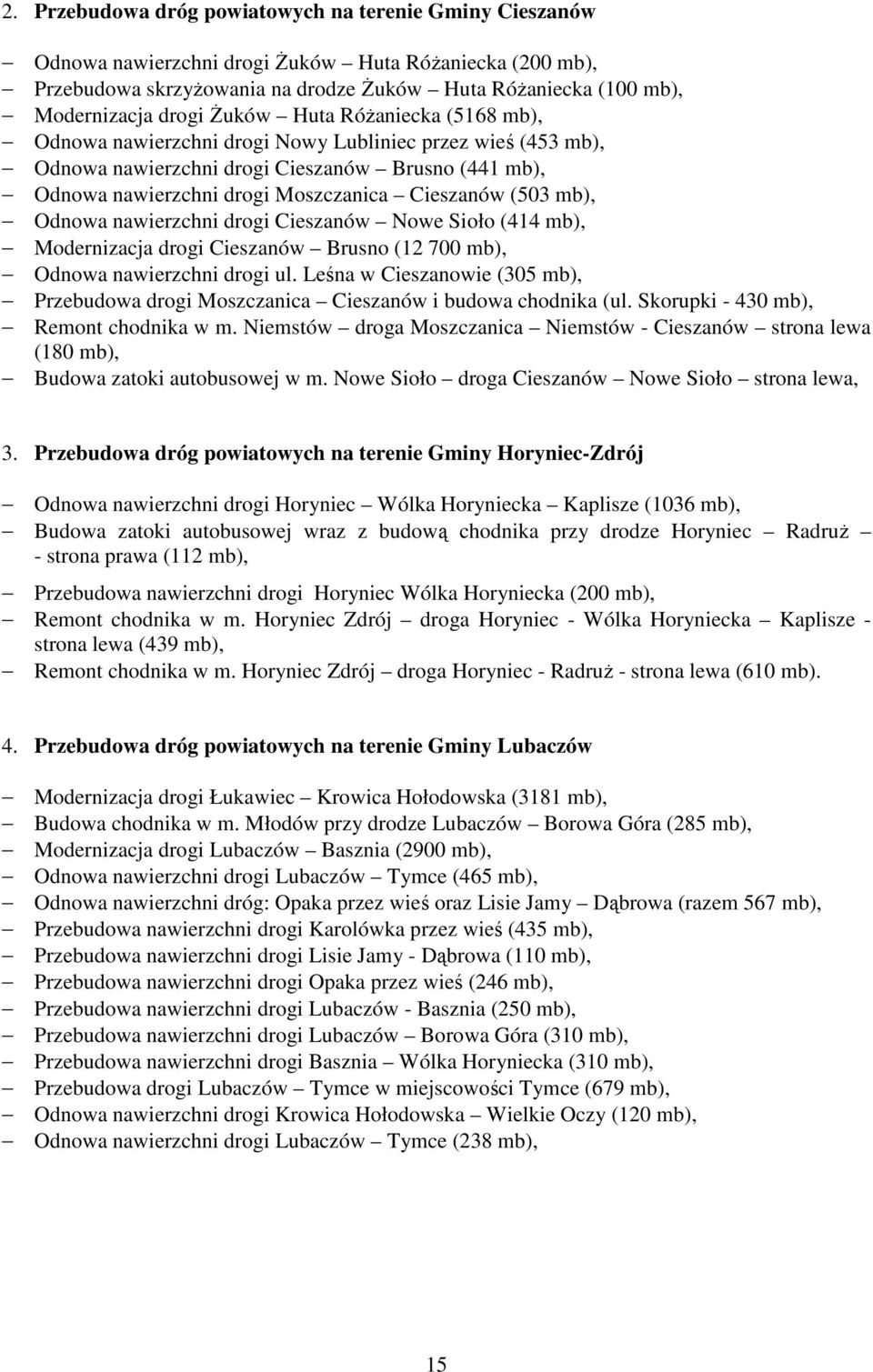 mb), Odnowa nawierzchni drogi Cieszanów Nowe Sioło (414 mb), Modernizacja drogi Cieszanów Brusno (12 700 mb), Odnowa nawierzchni drogi ul.