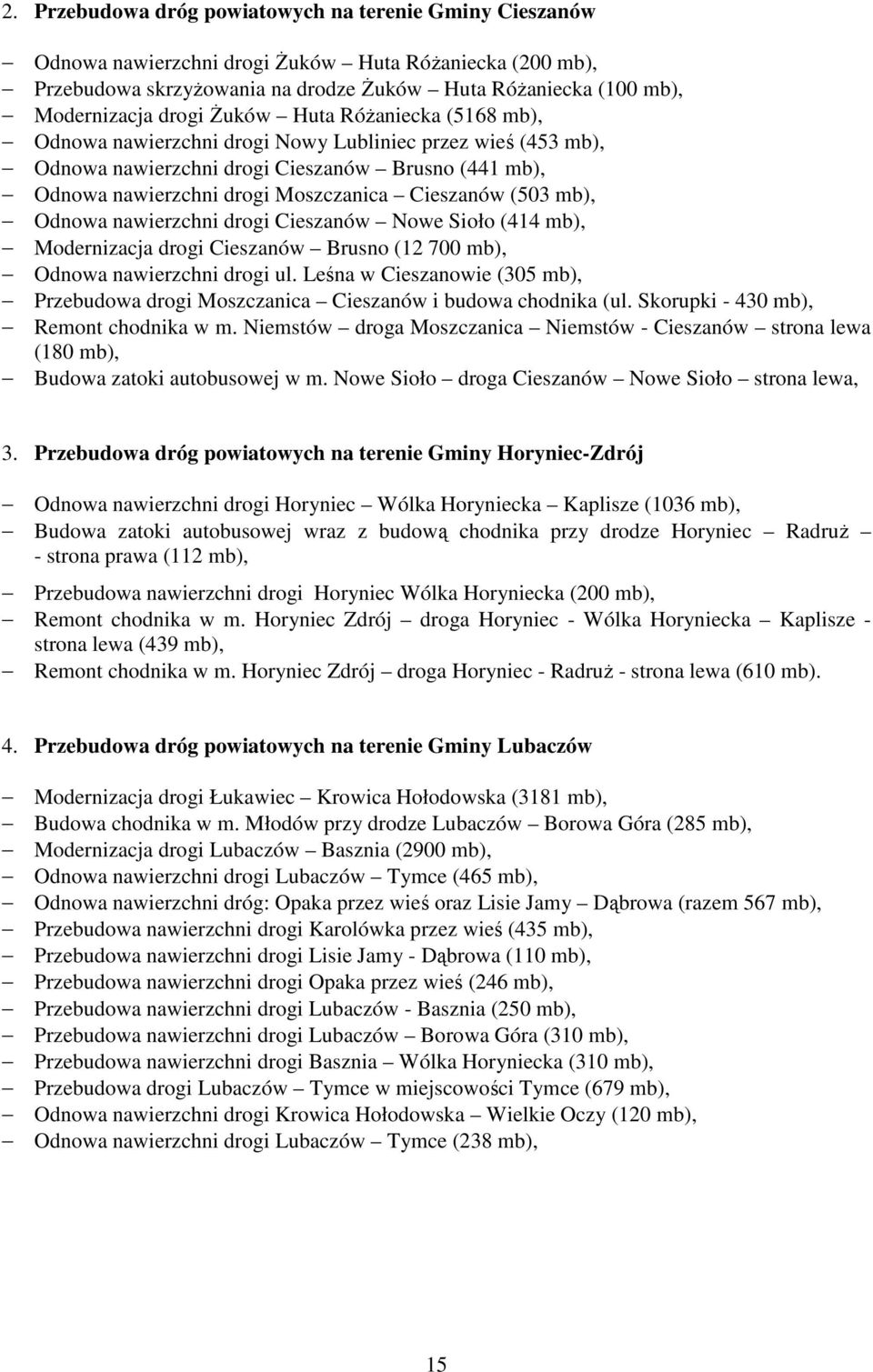 mb), Odnowa nawierzchni drogi Cieszanów Nowe Sioło (414 mb), Modernizacja drogi Cieszanów Brusno (12 700 mb), Odnowa nawierzchni drogi ul.