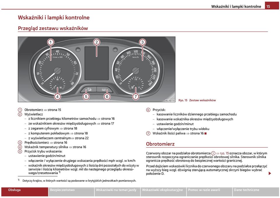 strona 18 z komputerem pokładowym strona 18 z wyświetlaczem centralnym strona 22 Prędkościomierz strona 16 Wskaźnik temperatury silnika strona 16 Przycisk trybu wskazania: ustawienie godzin/minut