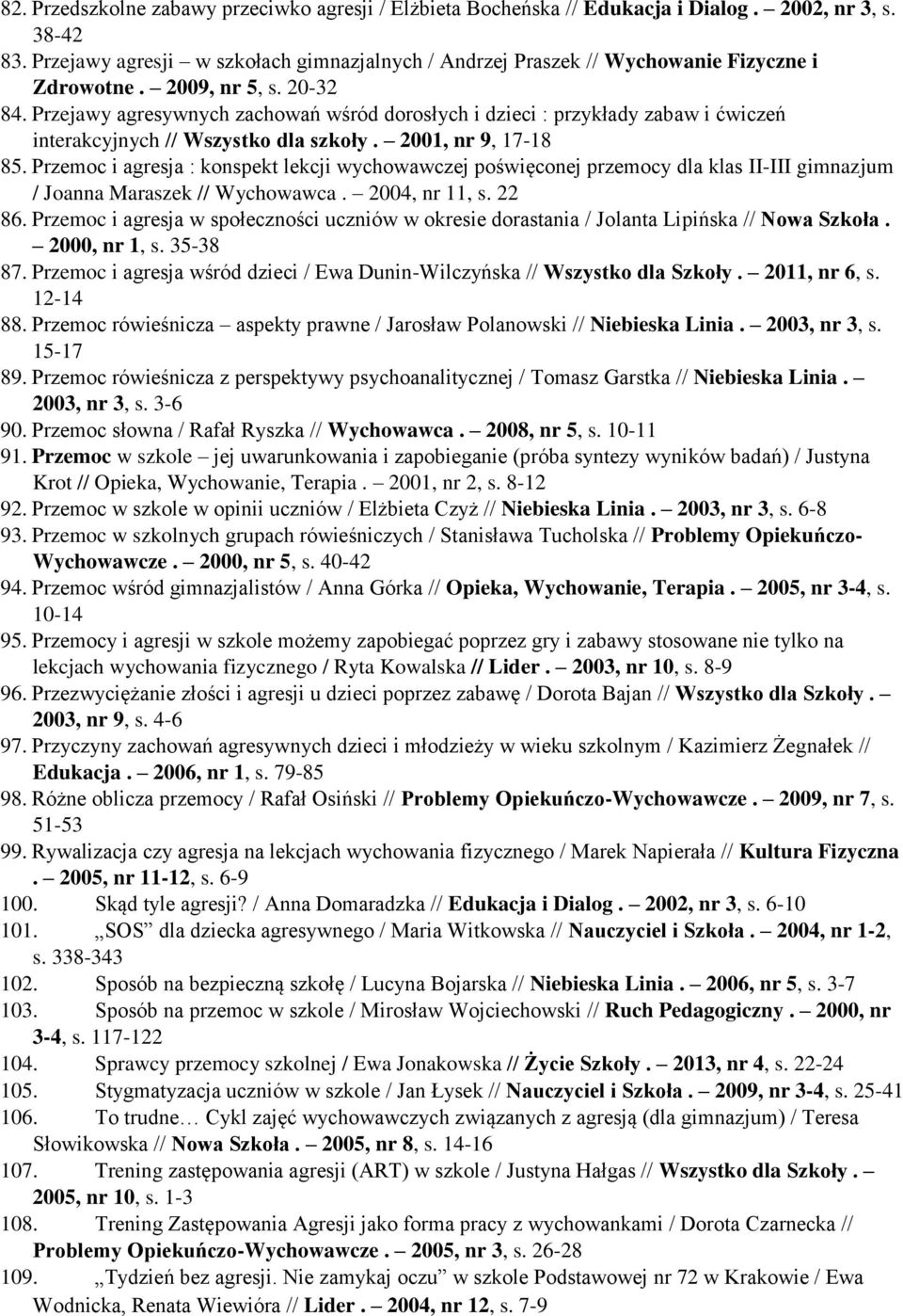 Przejawy agresywnych zachowań wśród dorosłych i dzieci : przykłady zabaw i ćwiczeń interakcyjnych // Wszystko dla szkoły. 2001, nr 9, 17-18 85.