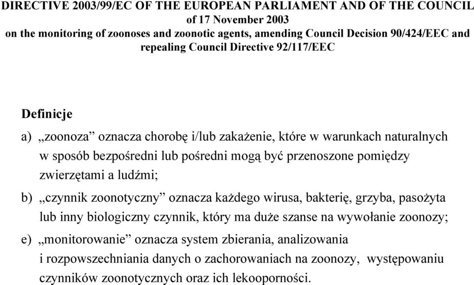 przenoszone pomiędzy zwierzętami a ludźmi; b) czynnik zoonotyczny oznacza każdego wirusa, bakterię, grzyba, pasożyta lub inny biologiczny czynnik, który ma duże szanse na