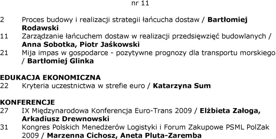 Bartłomiej Glinka 22 Kryteria uczestnictwa w strefie euro / Katarzyna Sum KONFERENCJE 27 IX Międzynarodowa Konferencja Euro-Trans 2009 /