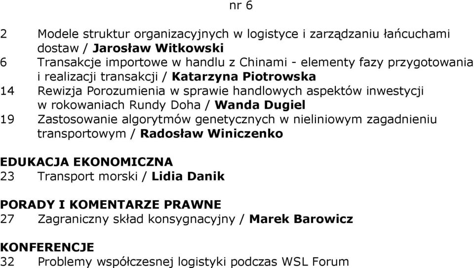 rokowaniach Rundy Doha / Wanda Dugiel 19 Zastosowanie algorytmów genetycznych w nieliniowym zagadnieniu transportowym / Radosław Winiczenko 23