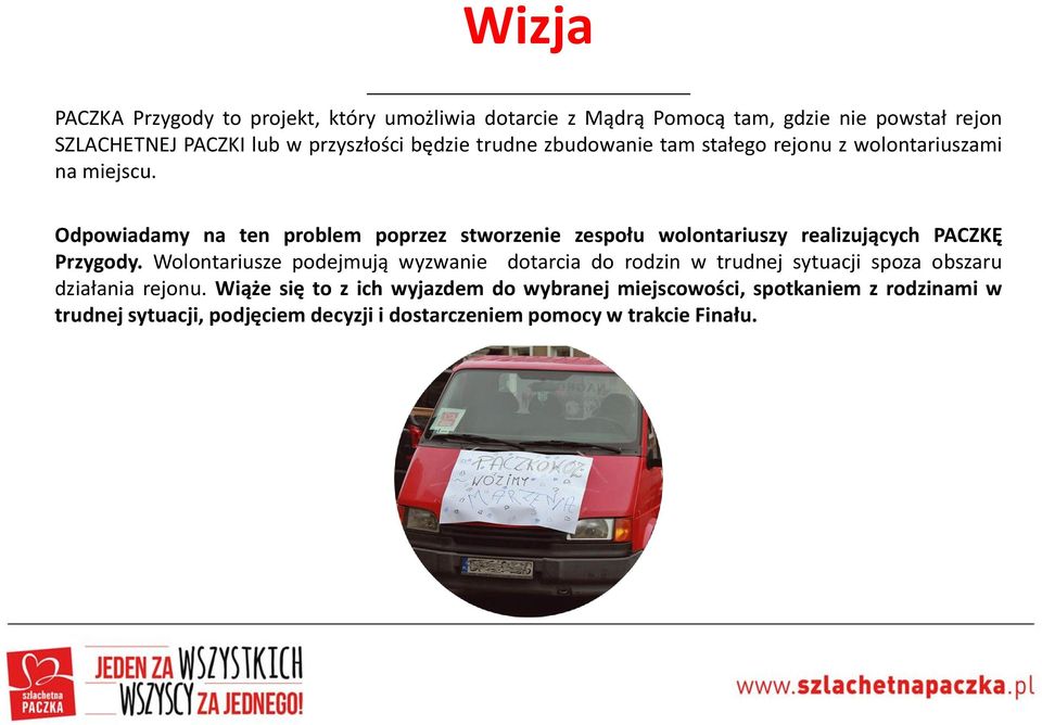 Odpowiadamy na ten problem poprzez stworzenie zespołu wolontariuszy realizujących PACZKĘ Przygody.