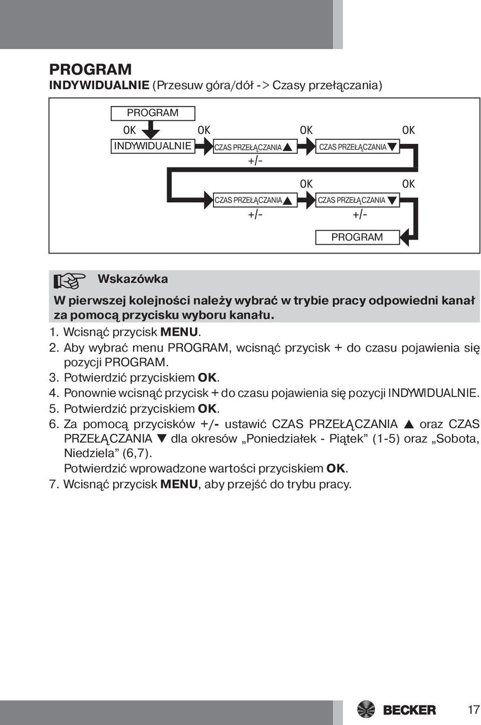 Potwierdzić przyciskiem OK. 4. Ponownie wcisnąć przycisk + do czasu pojawienia się pozycji INDYWIDUALNIE. 5. Potwierdzić przyciskiem OK. 6.