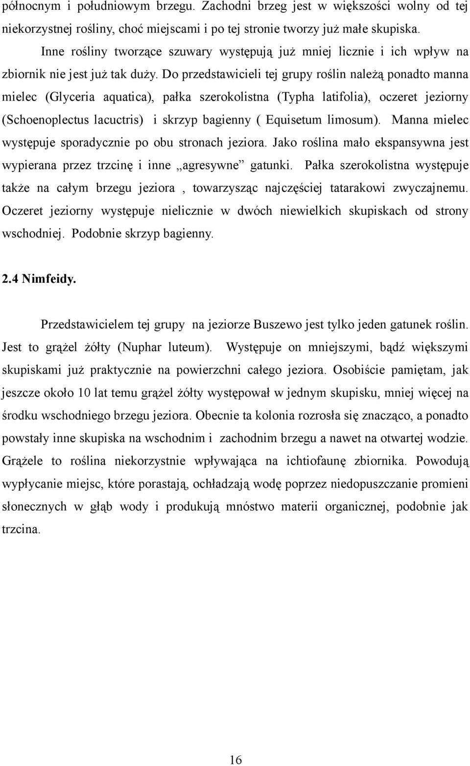 Do przedstawicieli tej grupy roślin należą ponadto manna mielec (Glyceria aquatica), pałka szerokolistna (Typha latifolia), oczeret jeziorny (Schoenoplectus lacuctris) i skrzyp bagienny ( Equisetum