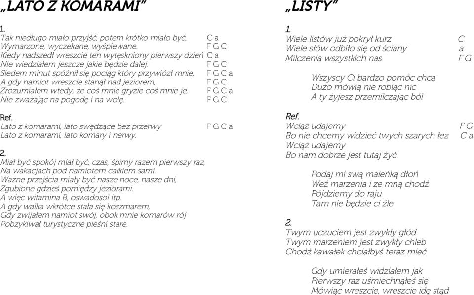 F G C Siedem minut spóźnił się pociąg który przywiózł mnie, F G C a A gdy namiot wreszcie stanął nad jeziorem, F G C Zrozumiałem wtedy, że coś mnie gryzie coś mnie je, F G C a Nie zważając na pogodę