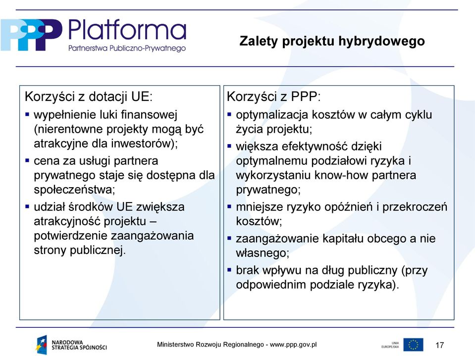 Korzyści z PPP: optymalizacja kosztów w całym cyklu życia projektu; większa efektywność dzięki optymalnemu podziałowi ryzyka i wykorzystaniu know-how partnera