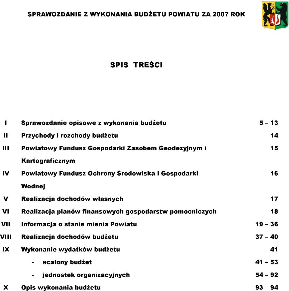 własnych Realizacja planów finansowych gospodarstw pomocniczych Informacja o stanie mienia Powiatu Realizacja dochodów budżetu