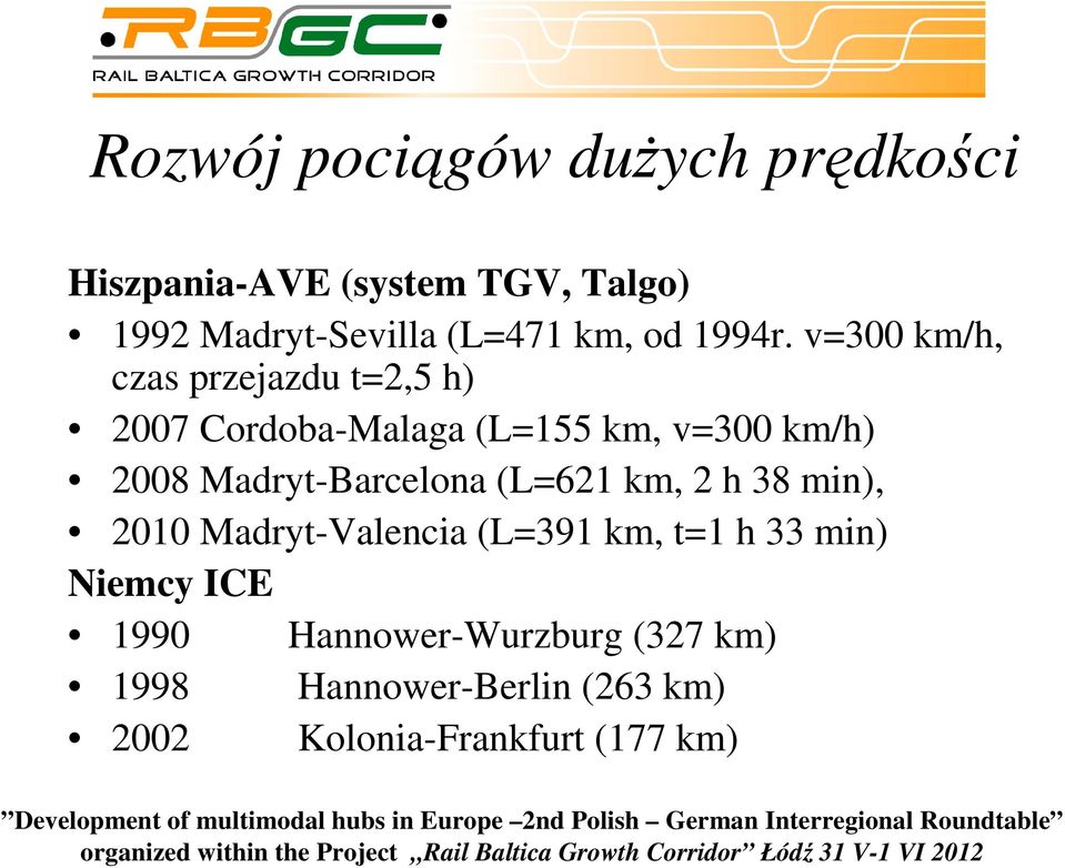 v=300 km/h, czas przejazdu t=2,5 h) 2007 Cordoba-Malaga (L=155 km, v=300 km/h) 2008