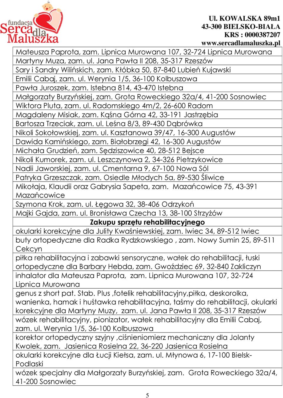 Grota Roweckiego 32a/4, 41-200 Sosnowiec Wiktora Pluta, zam. ul. Radomskiego 4m/2, 26-600 Radom Magdaleny Misiak, zam. Kąśna Górna 42, 33-191 Jastrzębia Bartosza Trzeciak, zam. ul. Leśna 8/3, 89-430 Dąbrówka Nikoli Sokołowskiej, zam.