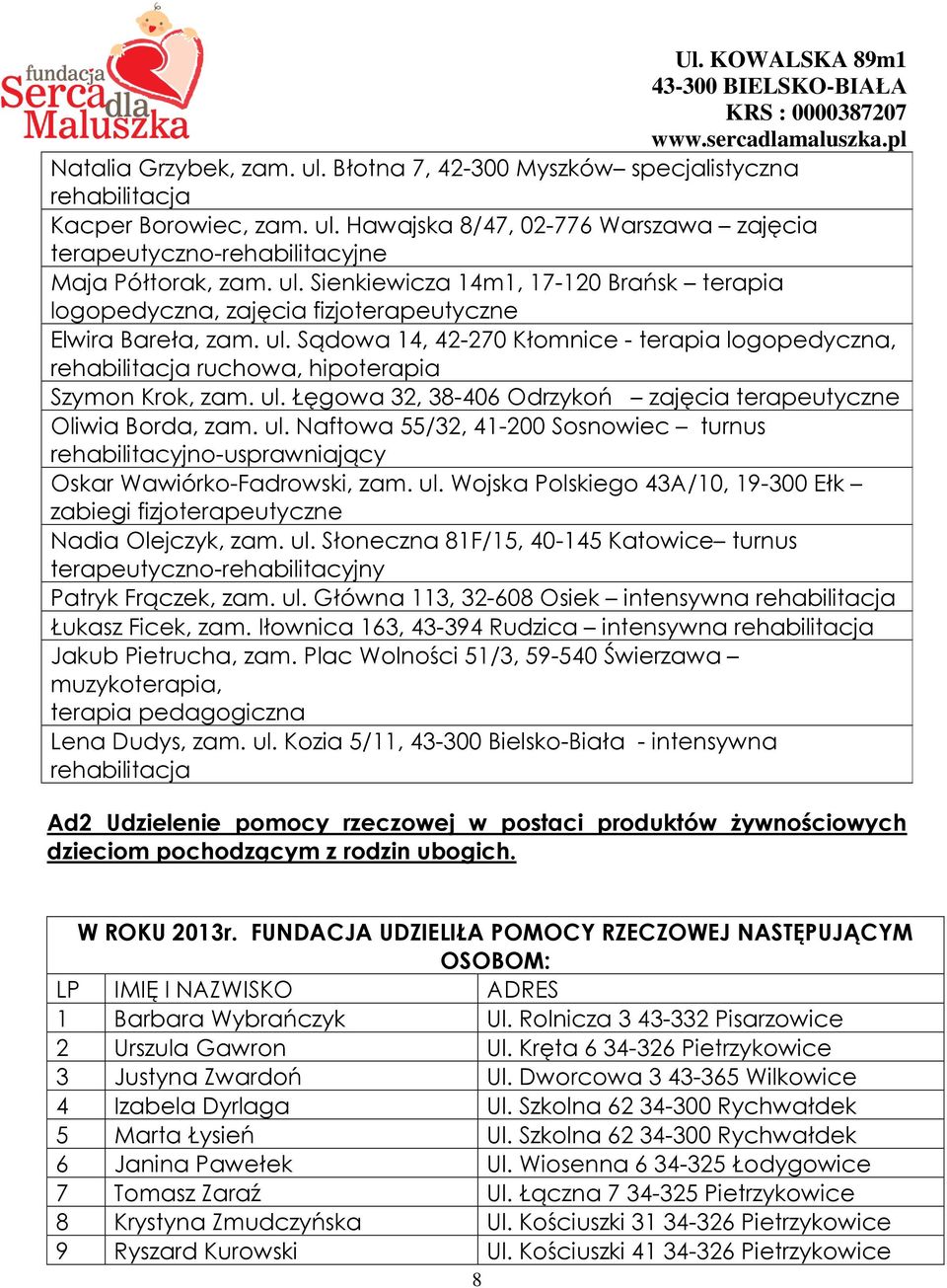 Łęgowa 32, 38-406 Odrzykoń zajęcia terapeutyczne Oliwia Borda, zam. ul. Naftowa 55/32, 41-200 Sosnowiec turnus rehabilitacyjno-usprawniający Oskar Wawiórko-Fadrowski, zam. ul. Wojska Polskiego 43A/10, 19-300 Ełk zabiegi fizjoterapeutyczne Nadia Olejczyk, zam.