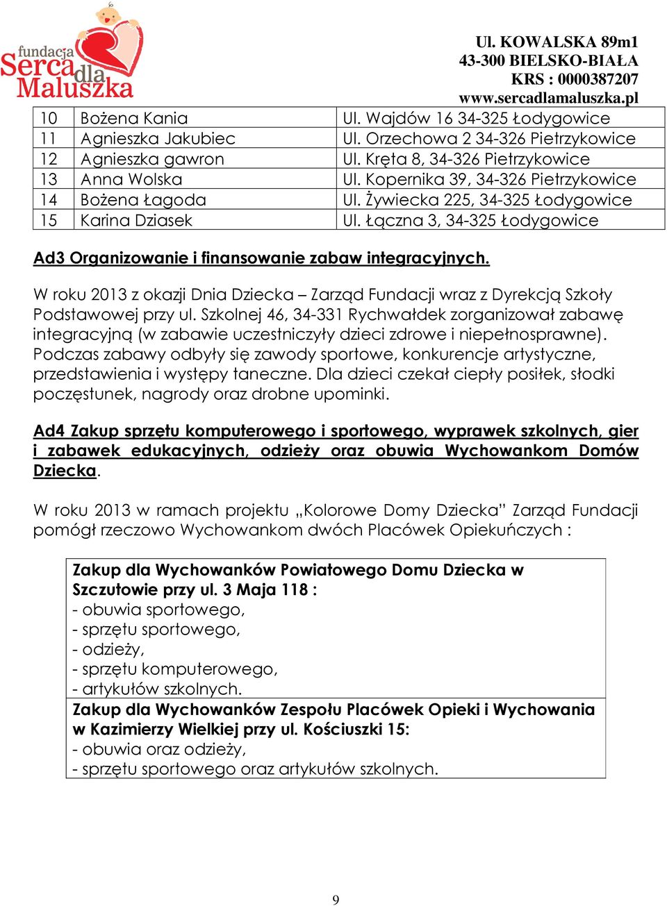 W roku 2013 z okazji Dnia Dziecka Zarząd Fundacji wraz z Dyrekcją Szkoły Podstawowej przy ul.