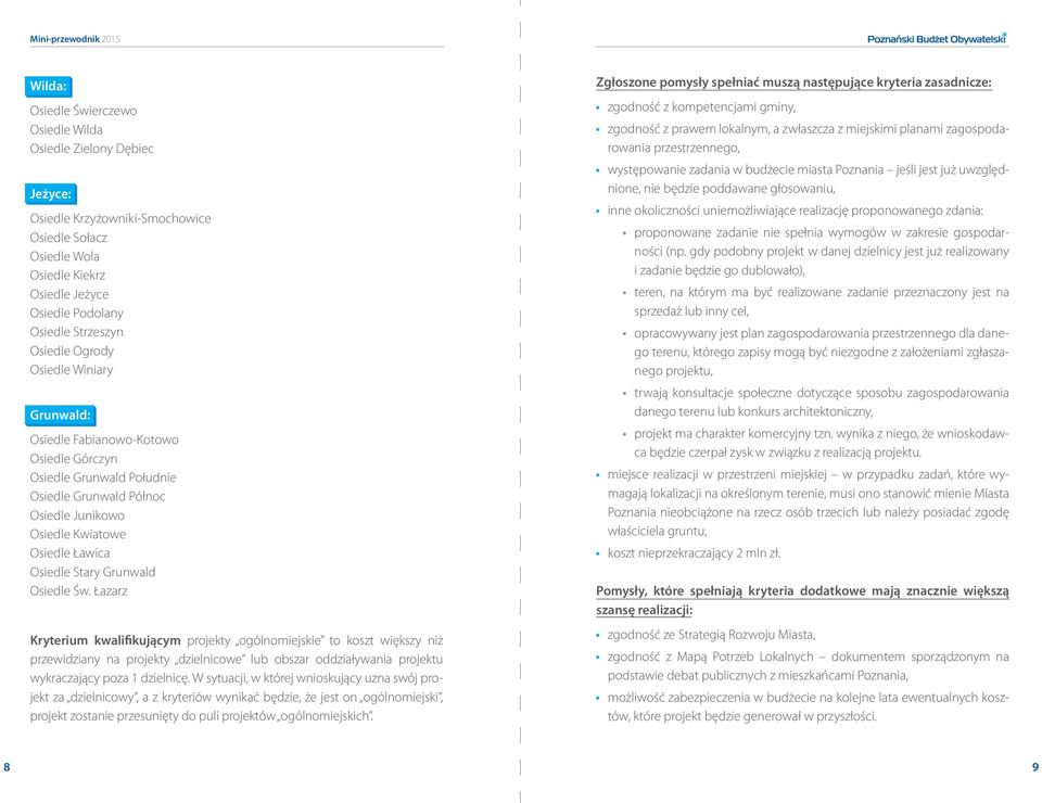 Grunwald Osiedle Św. Łazarz Kryterium kwalifikującym projekty ogólnomiejskie to koszt większy niż przewidziany na projekty dzielnicowe lub obszar oddziaływania projektu wykraczający poza 1 dzielnicę.