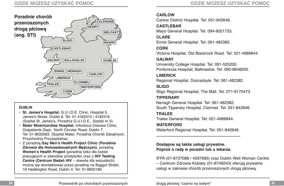Tel: 01-4162315 / 4162316. (Szpital St. Jamesʼs, Poradnia G.U.I.D.E., Szpital nr 5). Mater Misericordiae Hospital. Infectious Disease Clinic, Outpatients Dept., North Circular Road, Dublin 7.