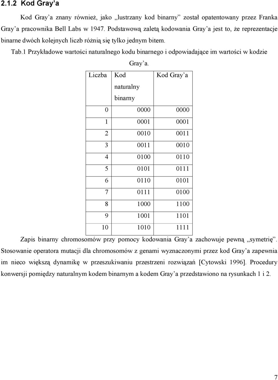 1 Przykładowe wartośc naturalnego kodu bnarnego odpowadające m wartośc w kodze Gray a.