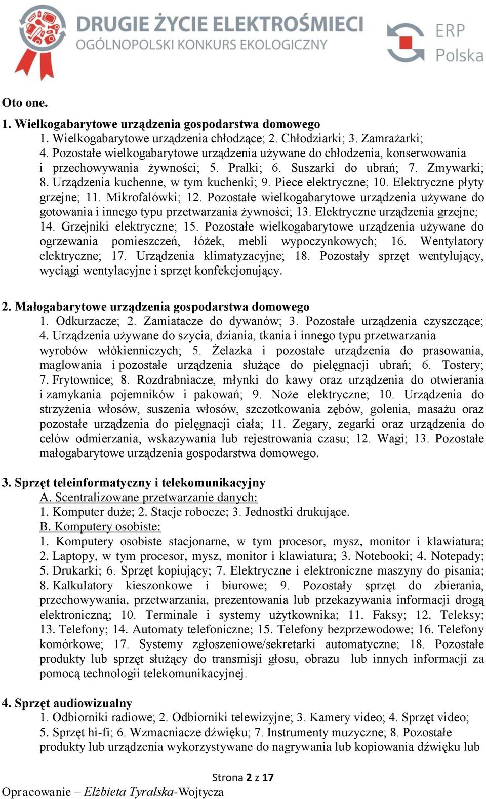 Piece elektryczne; 10. Elektryczne płyty grzejne; 11. Mikrofalówki; 12. Pozostałe wielkogabarytowe urządzenia używane do gotowania i innego typu przetwarzania żywności; 13.