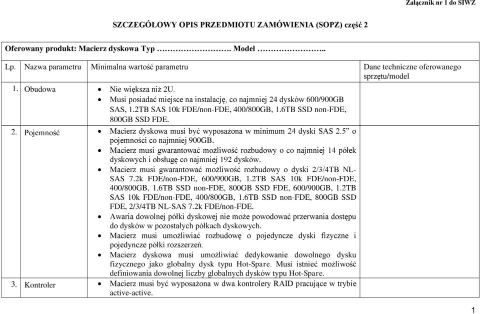 2TB SAS 10k FDE/non-FDE, 400/800GB, 1.6TB SSD non-fde, 800GB SSD FDE. 2. Pojemność Macierz dyskowa musi być wyposażona w minimum 24 dyski SAS 2.5 o pojemności co najmniej 900GB.