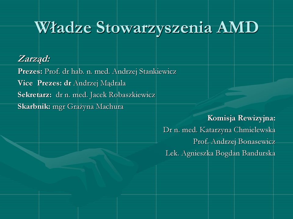 Jacek Robaszkiewicz Skarbnik: mgr Grażyna Machura Komisja Rewizyjna: Dr n.