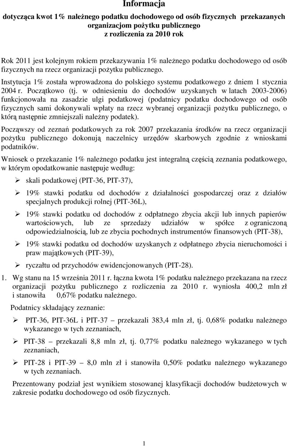 w odniesieniu do dochodów uzyskanych w latach 2003-2006) funkcjonowała na zasadzie ulgi podatkowej (podatnicy podatku dochodowego od osób fizycznych sami dokonywali wpłaty na rzecz wybranej