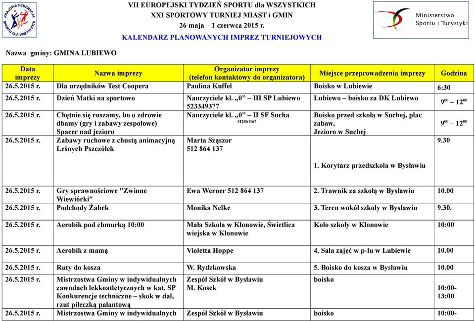 2015 r. Dla urzędników Test Coopera Boisko w Lubiewie 6:30 26.5.2015 r. Dzień Matki na sportowo Nauczyciele kl. 0 III SP Lubiewo 523349377 26.5.2015 r. Chętnie się ruszamy, bo o zdrowie Nauczyciele kl.