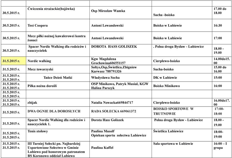 00 do  Test Coopera Antoni Lewandowski Boisko w Lubiewie 16:30   Nordic walking Mecz piłki nożnej kawalerowei kontra żonaci Mecz towarzyski Piłka nożna dorośli Antoni Lewandowski Boisko w Lubiewie