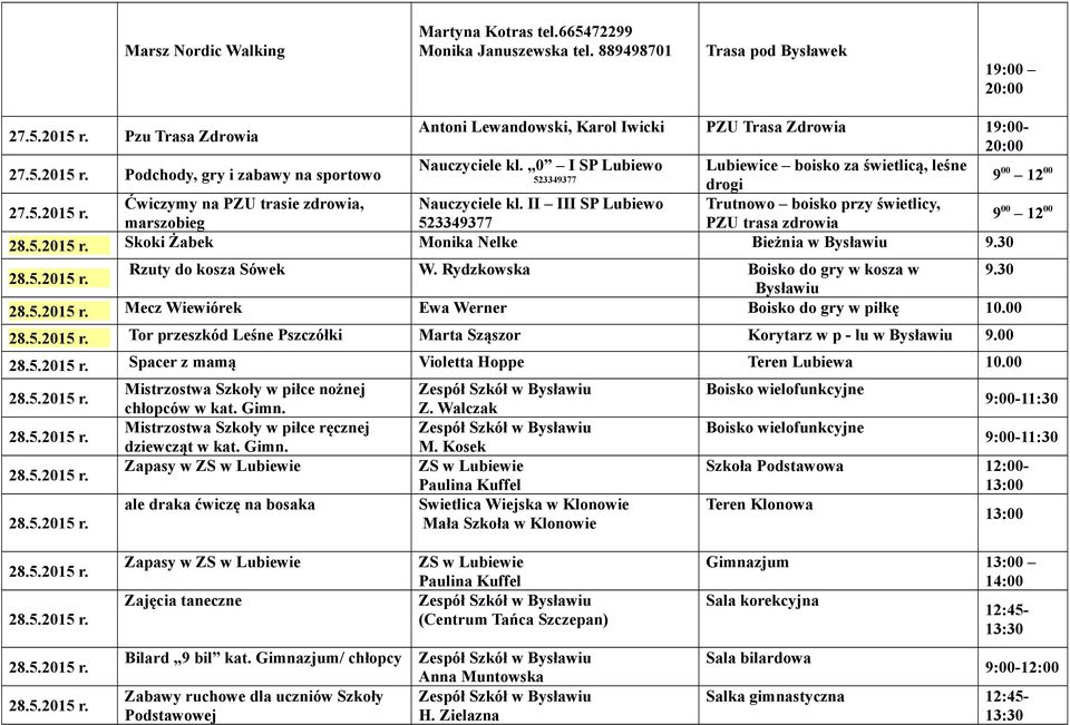 0 I SP Lubiewo Lubiewice boisko za świetlicą, leśne Podchody, gry i zabawy na sportowo 523349377 9 drogi 00 12 00 Ćwiczymy na PZU trasie zdrowia, Nauczyciele kl.